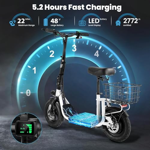 Caroma Peak 800W/1200W Electric Scooter Adults, 30 Miles Max Range, Foldable Electric Scooter with Seat, Front Suspension, Detachable Large Basket,Commuter E-Scooter for Adult and Teens