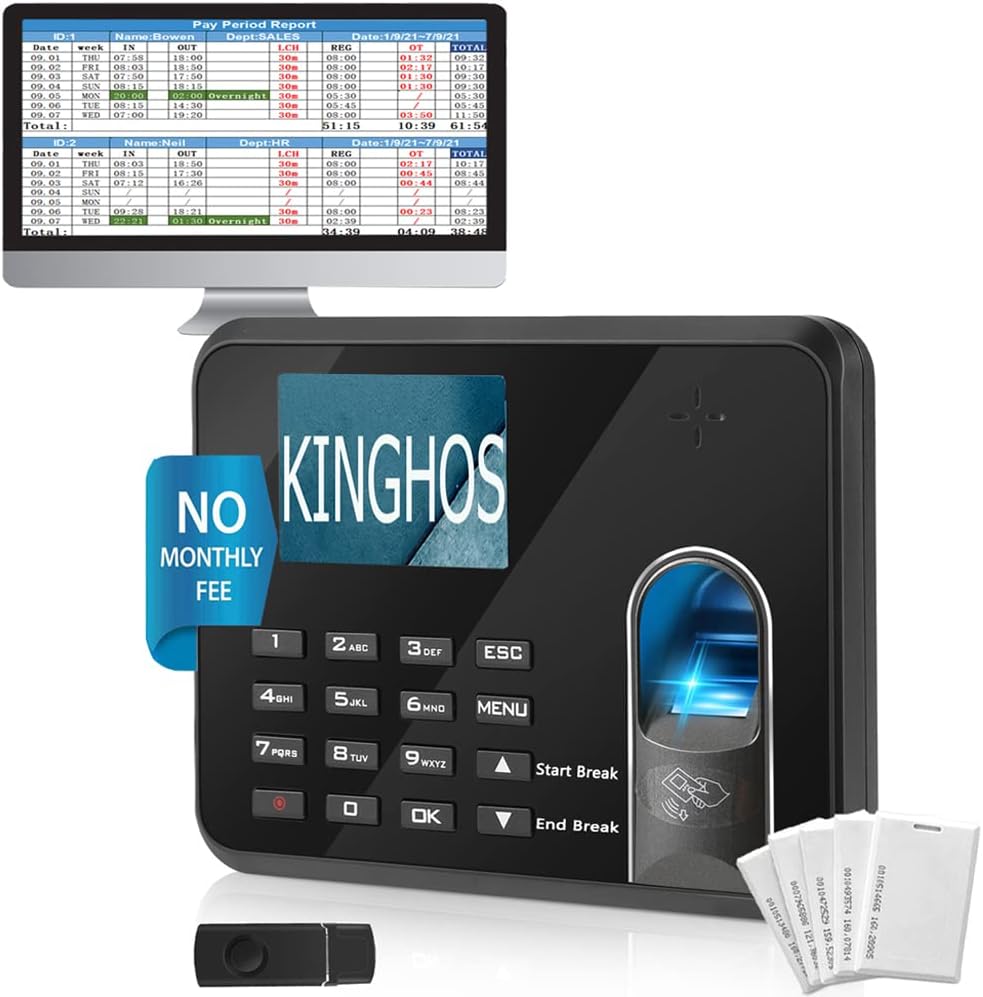 KINGHOS Employee Time Clock with Free Software, Auto Calculate Overtime and Work Hour/Deduct Lunch Time Fingerprint Time Attendance for Employees Small Business NO Monthly Fee