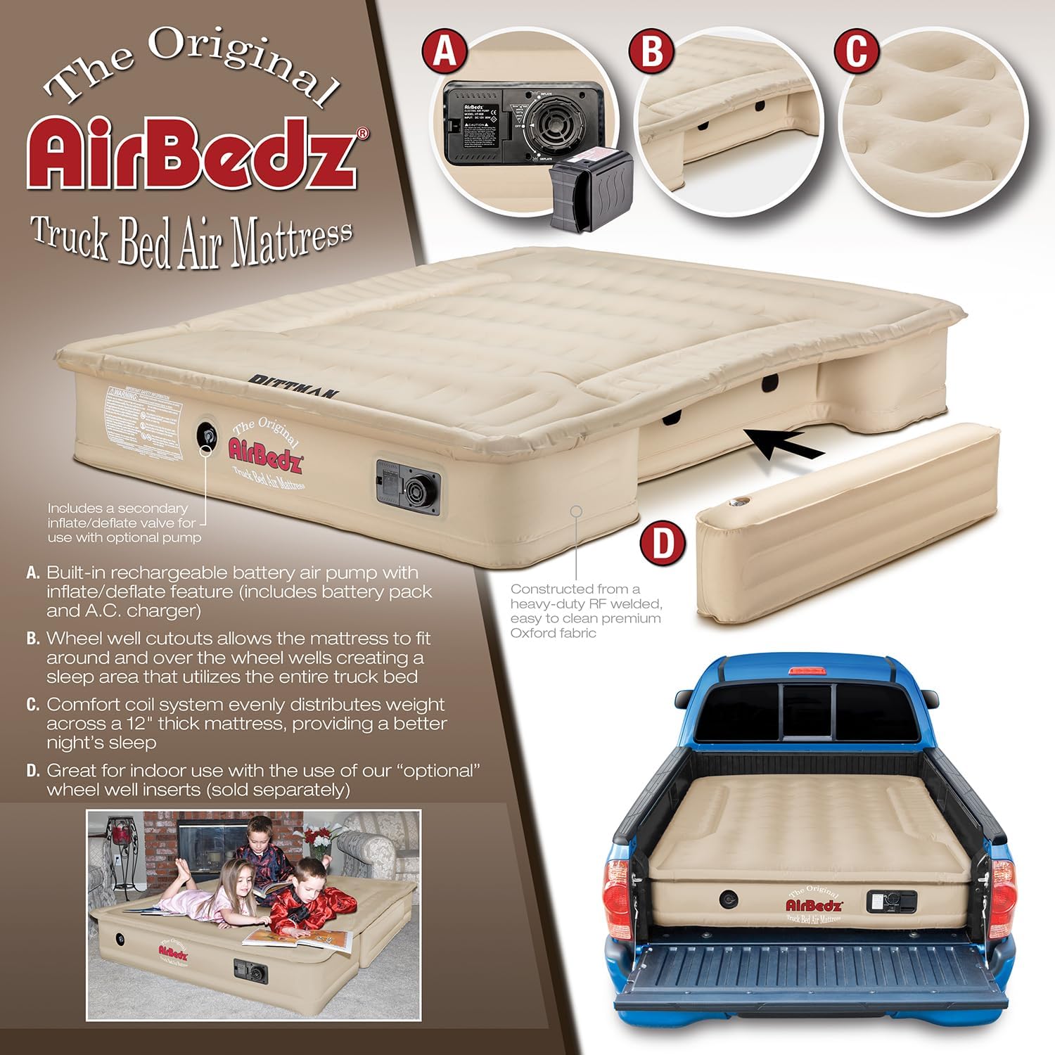 Pittman - Truck Bed Mattress 8ft + - The Original Airbedz Truck Bed Air Mattress 8ft - 100 Series - Full Size Truck Mattress with 25% more Bed Coverage for Comfortable Pickup Truck Bed Camping - TAN