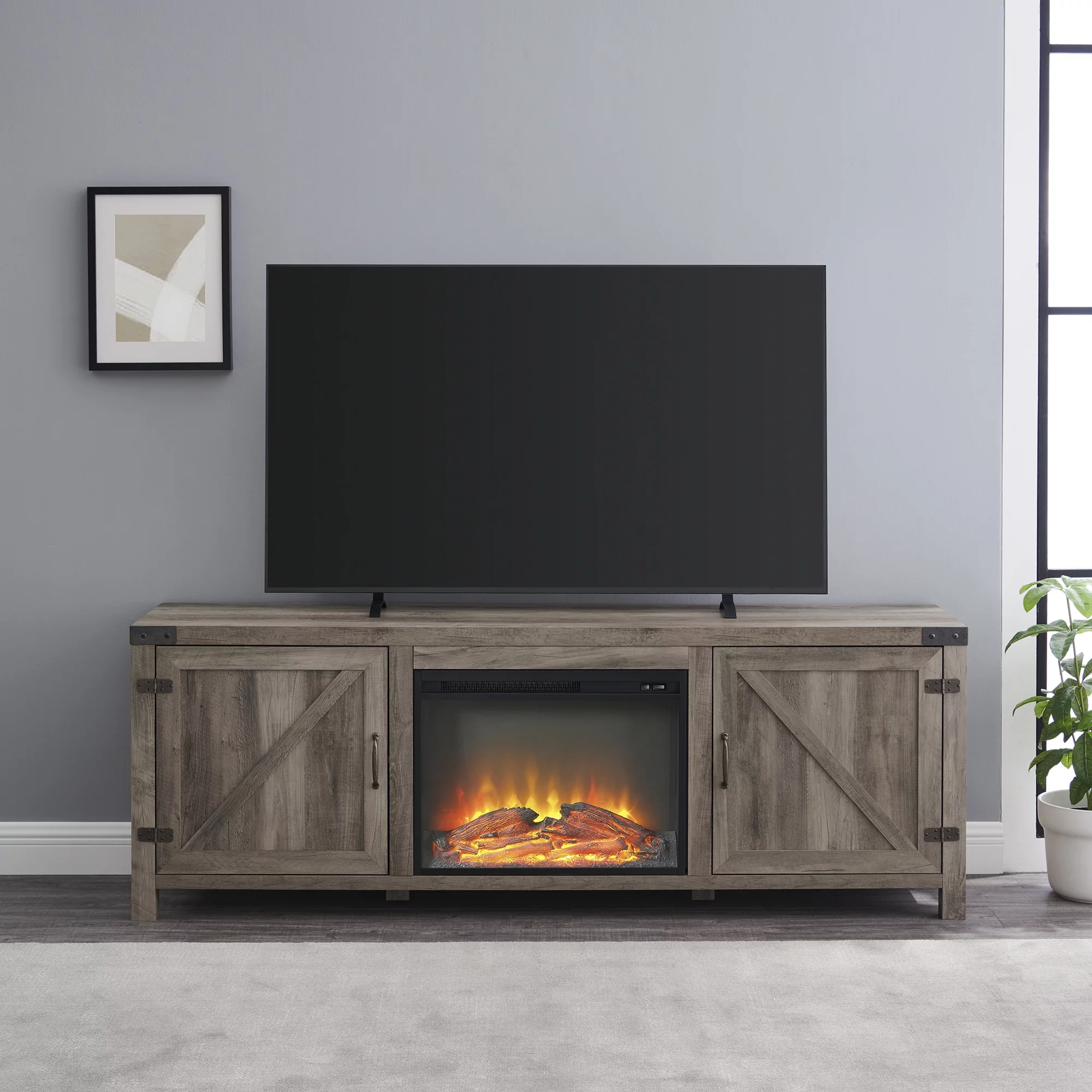 Walker Edison Farmhouse Fireplace TV Stand for TVs up to 80”, Grey Wash