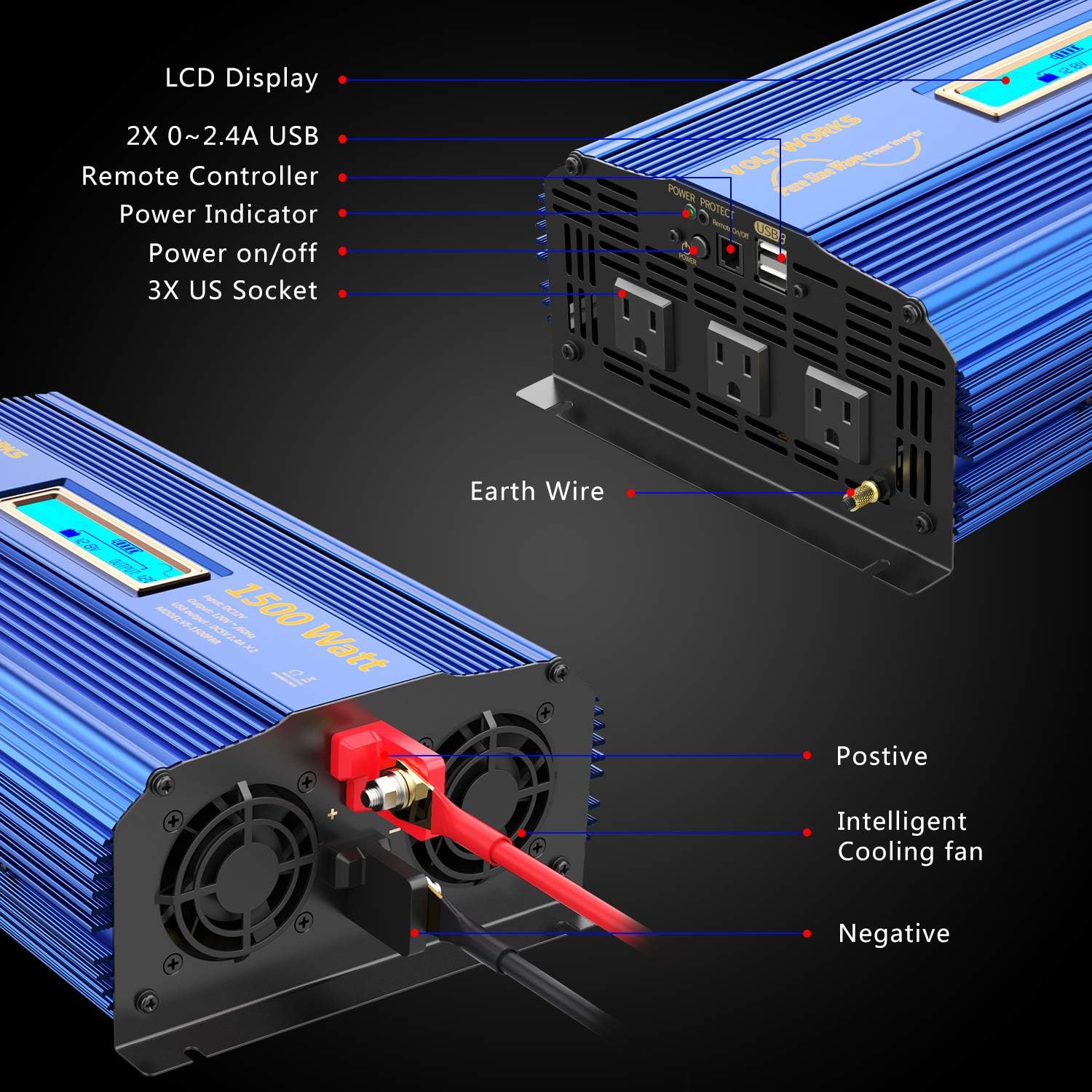 1500W Pure Sine Wave Power Inverter DC 12v to AC 110V-120V with Remote Control LCD Display and 2x2.4A Dual USB Ports 3 AC Outlets for Home RV Truck by VOLTWORKS