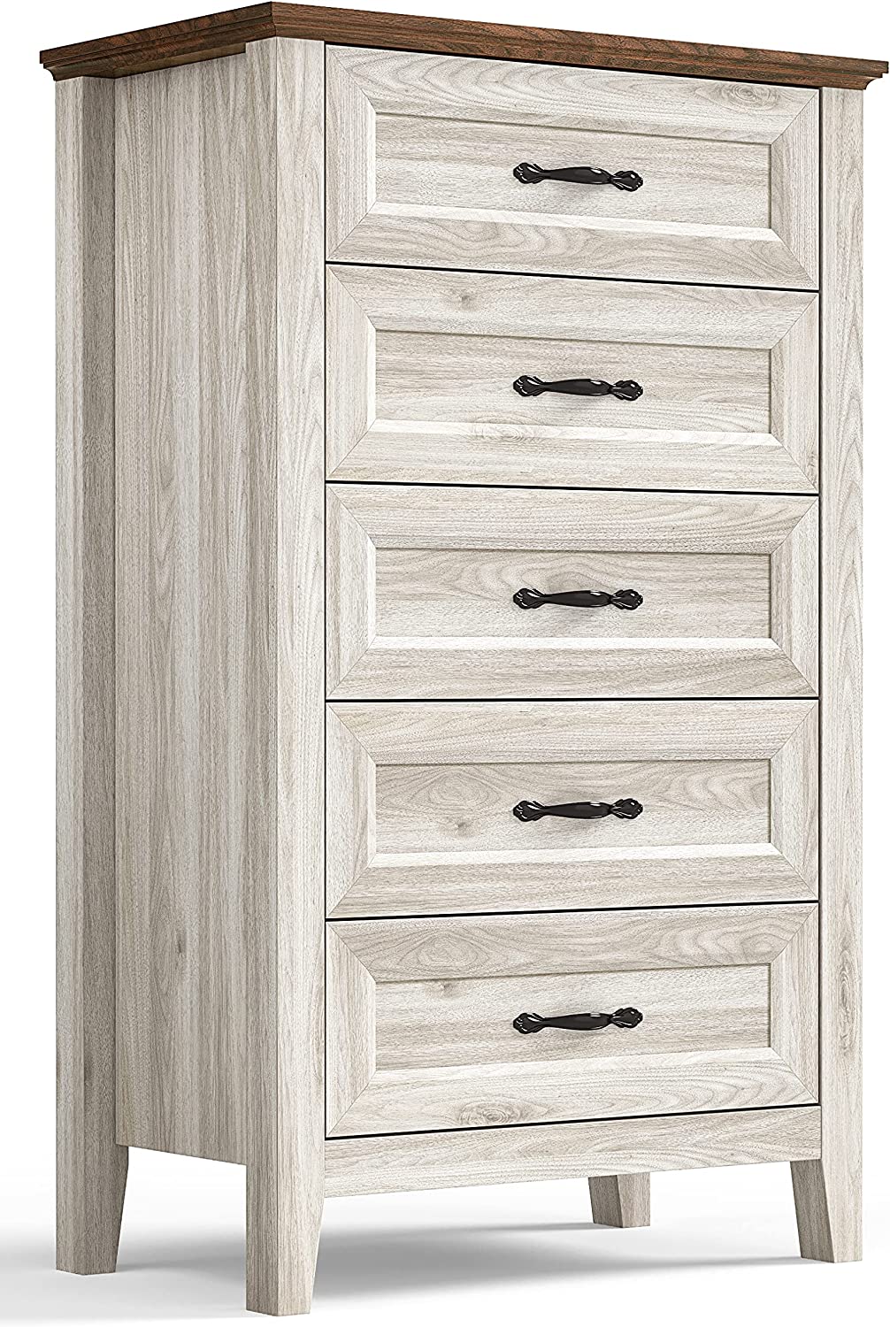 Beige Dresser for Bedroom, 5 Drawer Dresser with Metal Handles, Chest of Drawers, Tall Dresser for Living Room, Entryway, and Closet