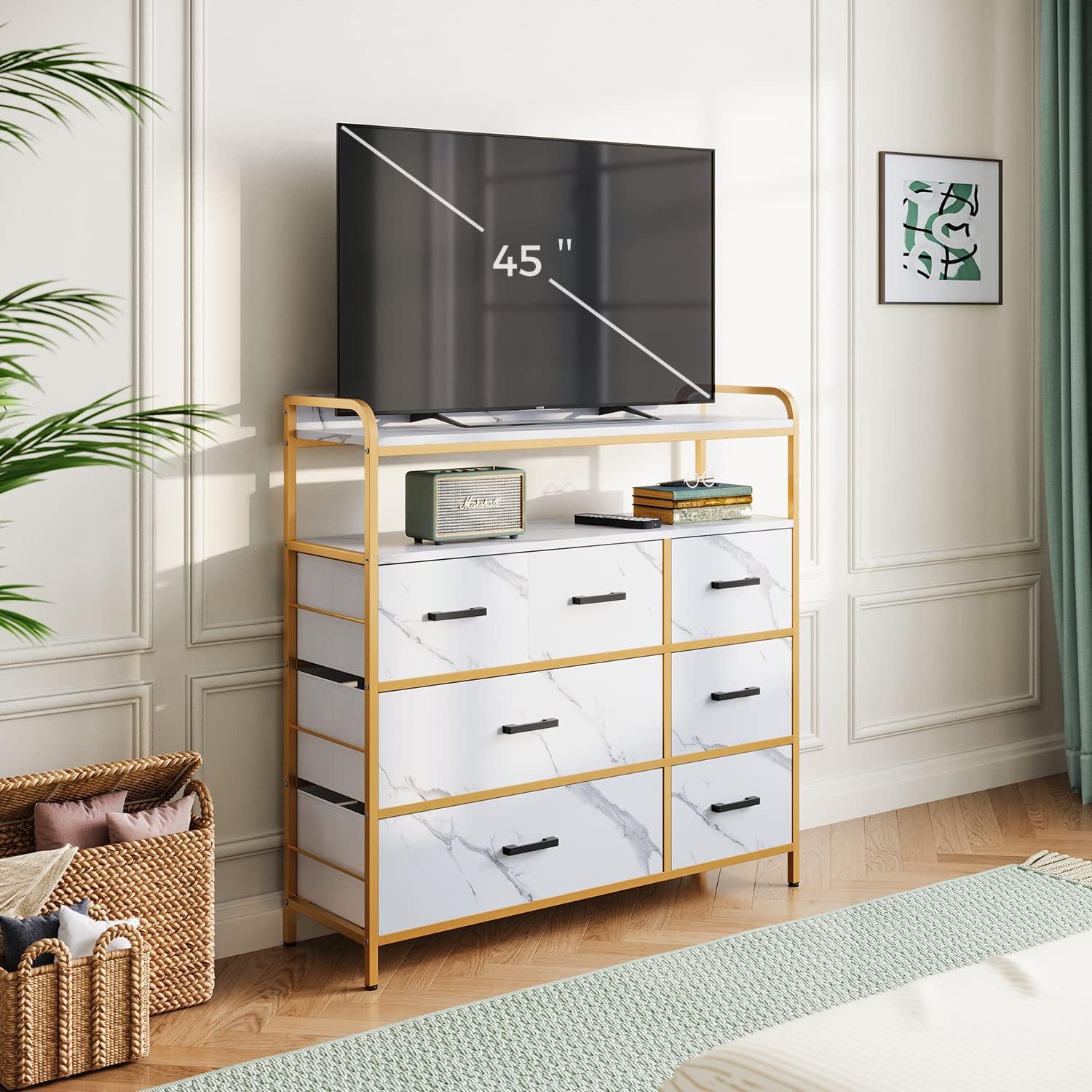 LINSY HOME Dresser for Bedroom, White Chest of Drawers with Double Shelf and 7 Drawers, Storage Organizer for Closet, Living Room, Entryway, Sturdy Steel Frame, Wood Top
