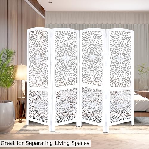 Room Divider Wood Screen - Ghanti Bells Antique Brown - 4 Panel Folding 72 x 80 - Assembled Hand Carved Decorative Functional Versatile Portable Partition Reversible Privacy Boho - COTTON CRAFT