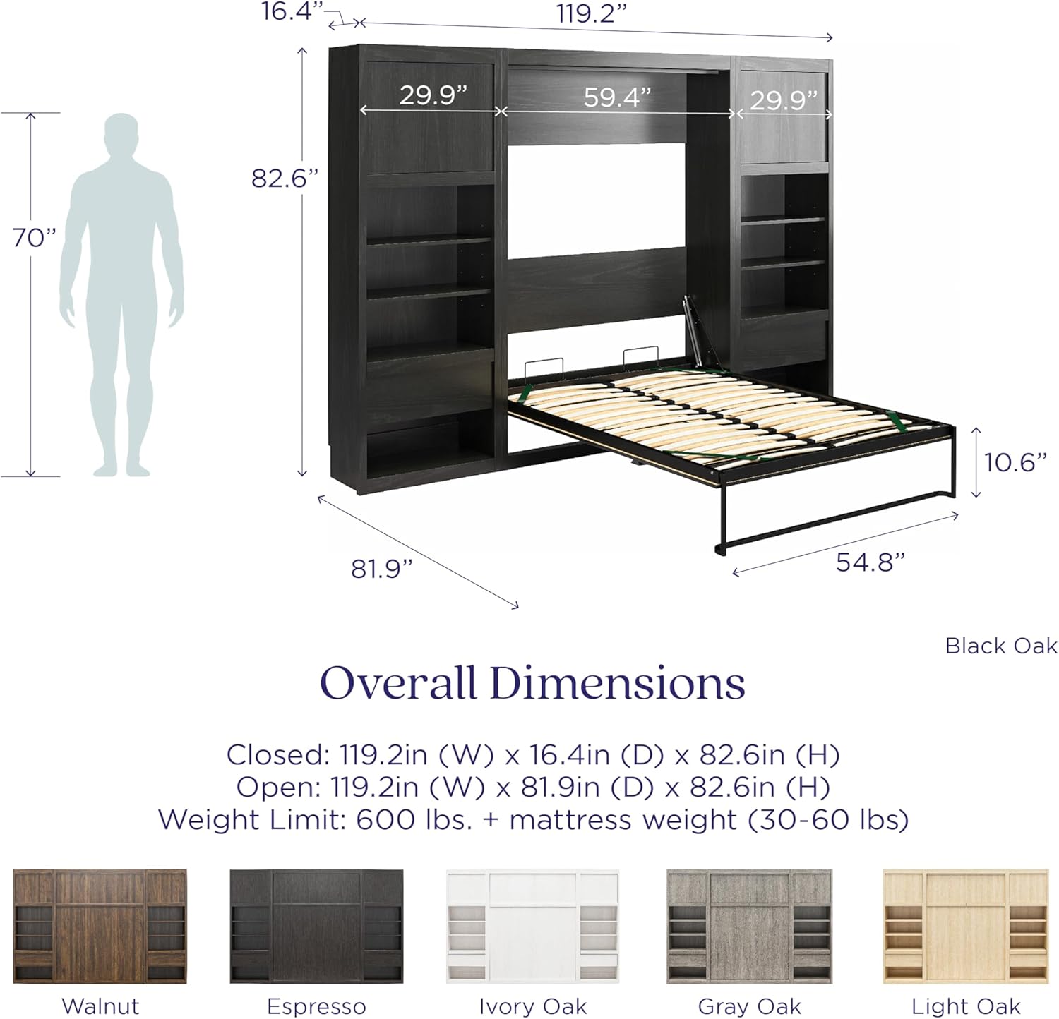 Signature Sleep Full Size Murphy Wall Bed with Wooden Slats in Engineered Wood, with Storage and Charging Station in Light Oak, No Box Spring Needed, Easy Assembly, Up to 600 lbs Weight Capacity