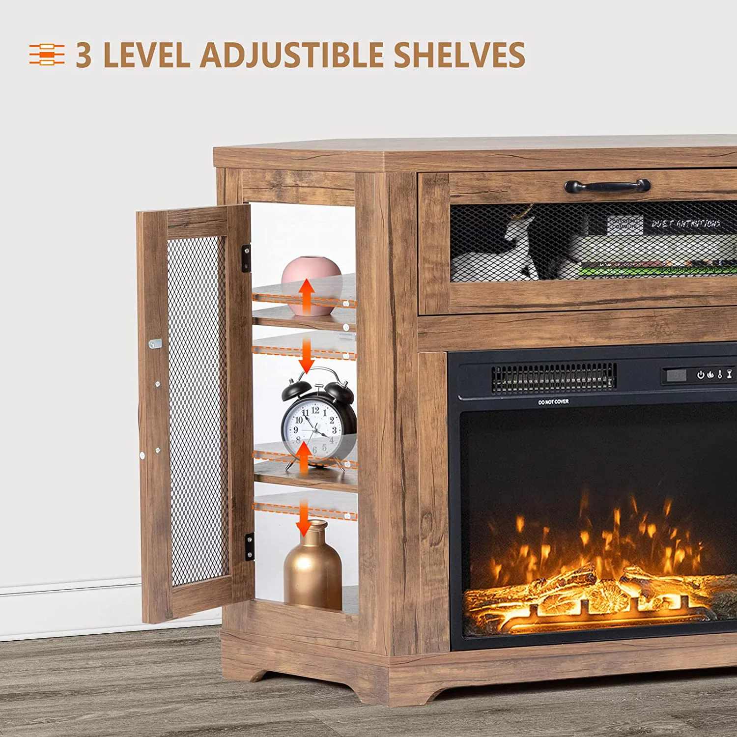 NLIBOOMLife TV Corner Fireplace TV Stand for TVs Up to 50 Inch  Small TV Stand for Bedroom  Living Room  Industrial Metal Mesh Door  Oak Brown