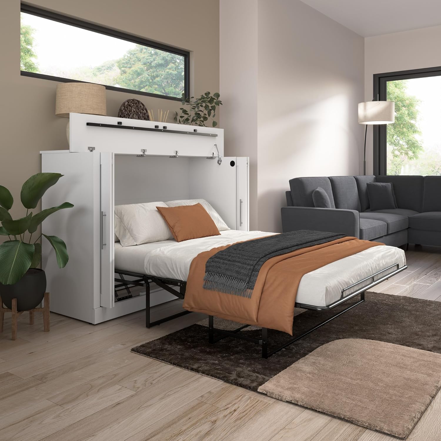 Bestar Pur 69W Murphy Cabinet Bed with Mattress, Space-Saving Sleeping Arrangement for Multipurpose Guest Room or Home Office, Full, White