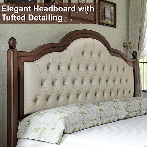 Solid Bed Frame Queen Size, Transitional Platform Bed with 52.5"" Upholstered Tufted Headboard, Rubberwood/Roman Column Accents/Wood Slat Support/No Box Spring Needed,bed frame, Walnut
