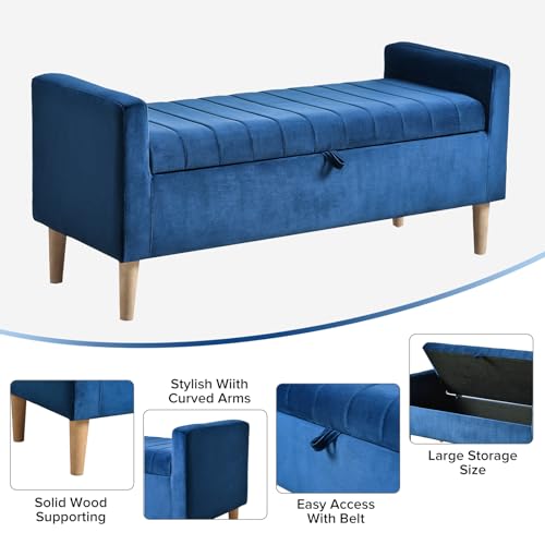 48" Upholstered Storage Ottoman with Arms Bench Modern Velvet Bench for Entryway, Bedroom, Living Room (Gray)