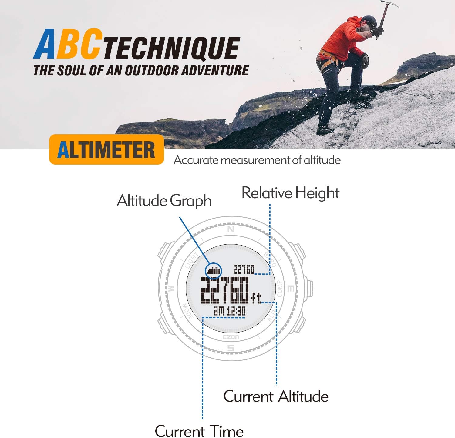 EZON Digital Watch Altimeter Barometer Compass Climbing Trekking Camping Sport Waterproof Military Watch Outdoor Hiking Watch H001H13