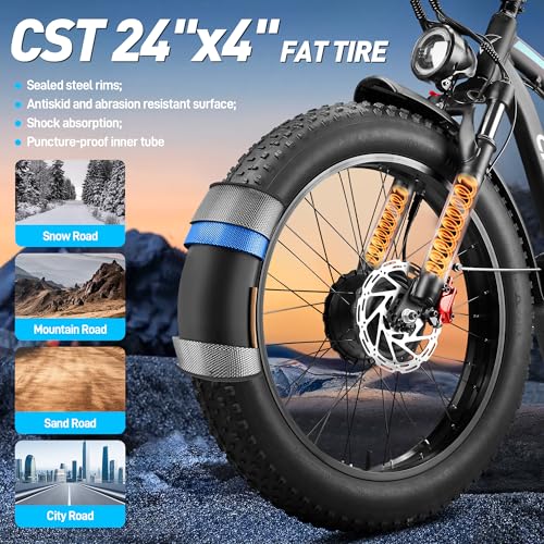 Peak 5000W 52V Dual Motor Ebike 40-47MPH 24 Inch Electric Bike for Adults 32AH Battery 100 Miles Long Range with Hydraulic Disc Brake Rear Bag Electric Bicycles Fat Tire E Bike for All Terrain