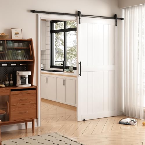 36 in x 84 in White Sliding Barn Door with 6FT Hardware Kit, Floor Guide and Handle Included, Waterproof PVC Surface, Pre-Drilled Holes Easy Assembly, H-Frame White