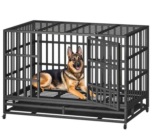 48 Inch Heavy Duty Indestructible Dog Crate Steel Escape Proof, Indoor Double Door High Anxiety Cage, Kennel with Wheels, Removable Tray, Extra Large XL XXL