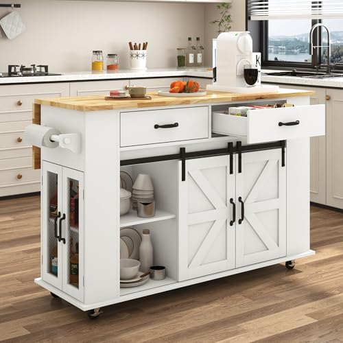 59" Kitchen Island W/Power Outlet&Drop Leaf,Kitchen Rolling Island W/Spice Rack&Towel Rack&Drawers,Kitchen Island Cart W/Sliding Barn Door,Mobile Island Table W/Adjustable Shelves for Dining Room