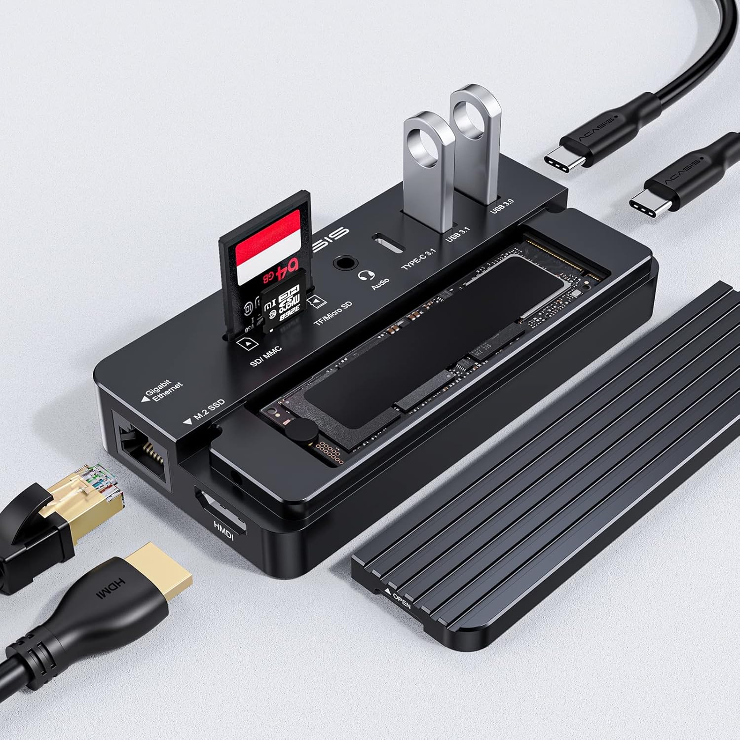ACASIS USB-C HUB 10-in-1 Docking Station fit M.2 NVME & SATA NGFF SSD with HDMI, 100W Power Delivery, Support 8TB for Windows/MAC/IPAD (CM073 Sliver)