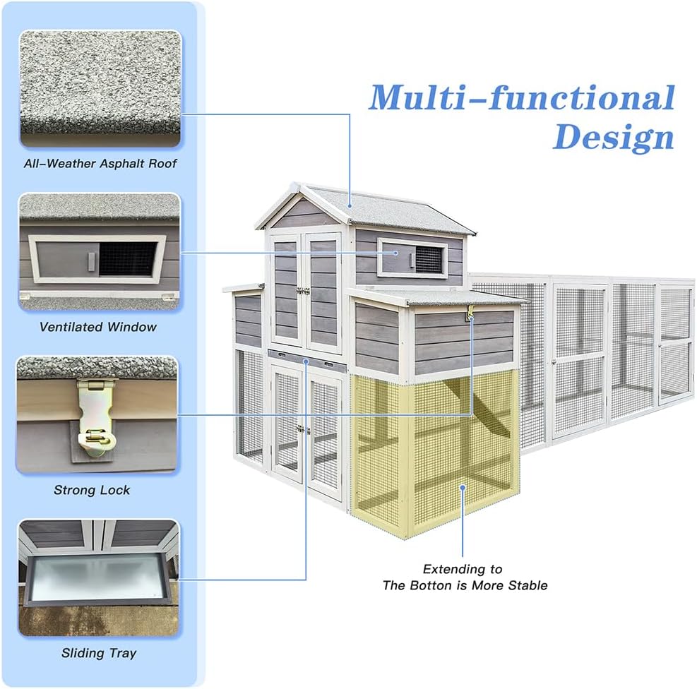 Chicken Coop 150" Extra Large Wooden Hen House, Outdoor Backyard Poultry Cage with Run, Chicken Nesting Box, Pull Out Trays and Anti-Slip Asphalt Ramp, Deluxe Wood Chicken Coops for 6-10 Chickens