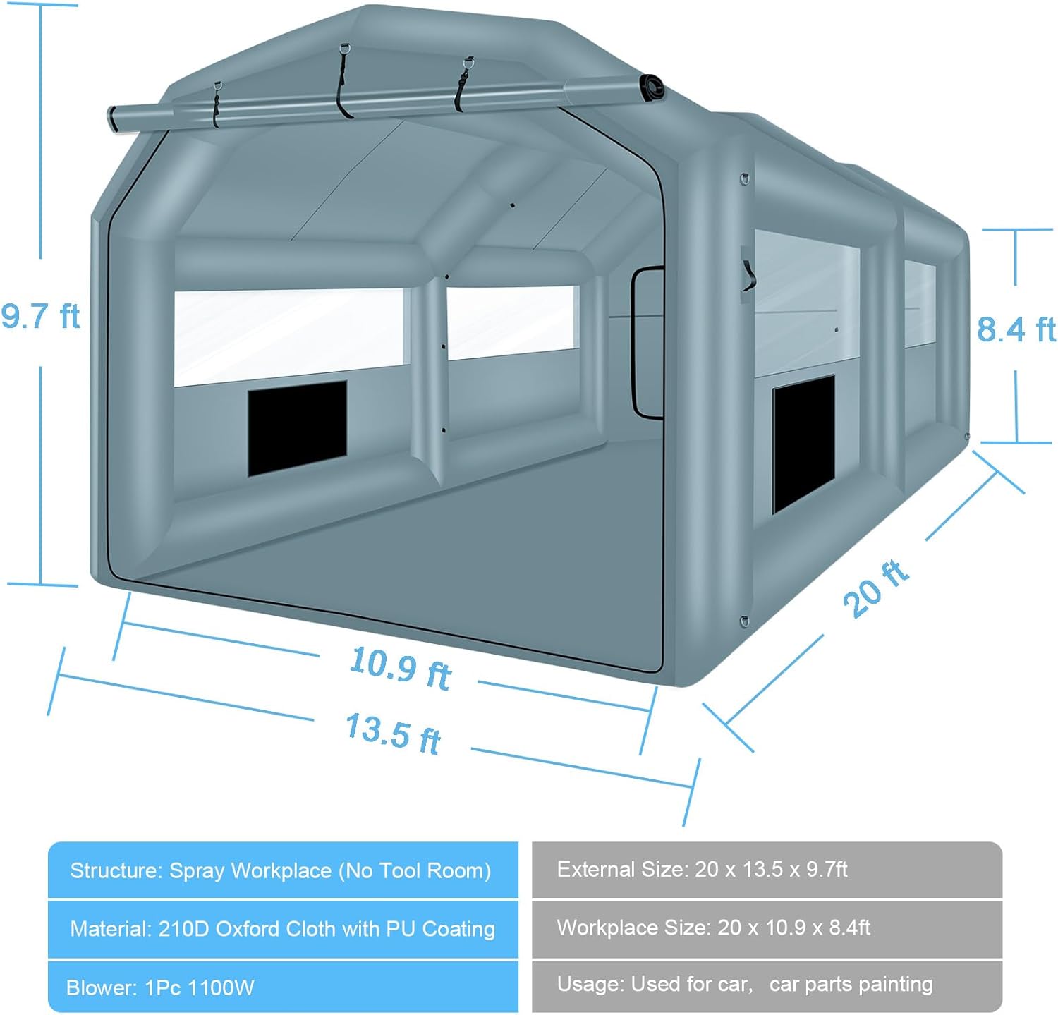 XHYCPY Inflatable Paint Booth 20 x 13.5 x 9.7ft Portable Inflatable Spray Booth Tent with 1100W Blower for DIY Spray Car Parts Painting