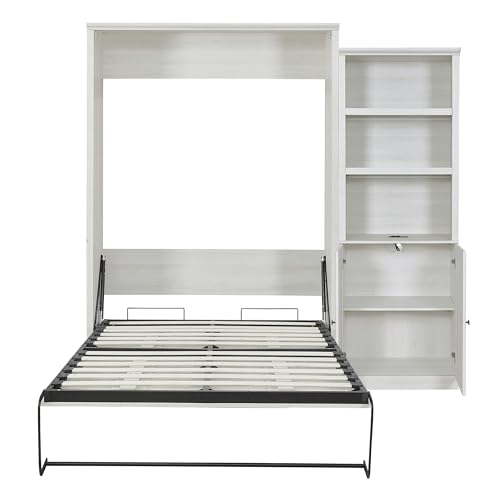 Murphy Bed,Cabinet Bed Folding Wall Bed,Queen Size Murphy Wall Bed with 1 Side Cabinet Storage Shelf,Cabinet Space-Saving Bed Perfect for Guest Room,Bed Room,Guest Room,Home Office (Rustic White-03)