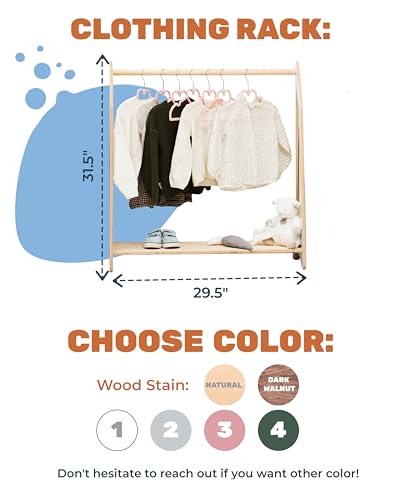 Montessori Clothing Rack for Toddler Furniture Wooden Wardrobe Shelf Clothes Kids Birthday Gift Dress up Wood Display Baby Storage Child Size Children Girl Boy Room Decor (Dark Walnut)