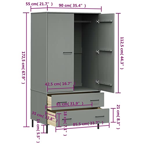 Wardrobe with Metal Legs Gray 35.4"x21.7"x67.9" Solid Wood OSLO,Compact Pine Wood Wardrobe with Ample Storage Space and Stylish Design for Home Armoires & Wardrobes, Bedroom Cabinets & Storage