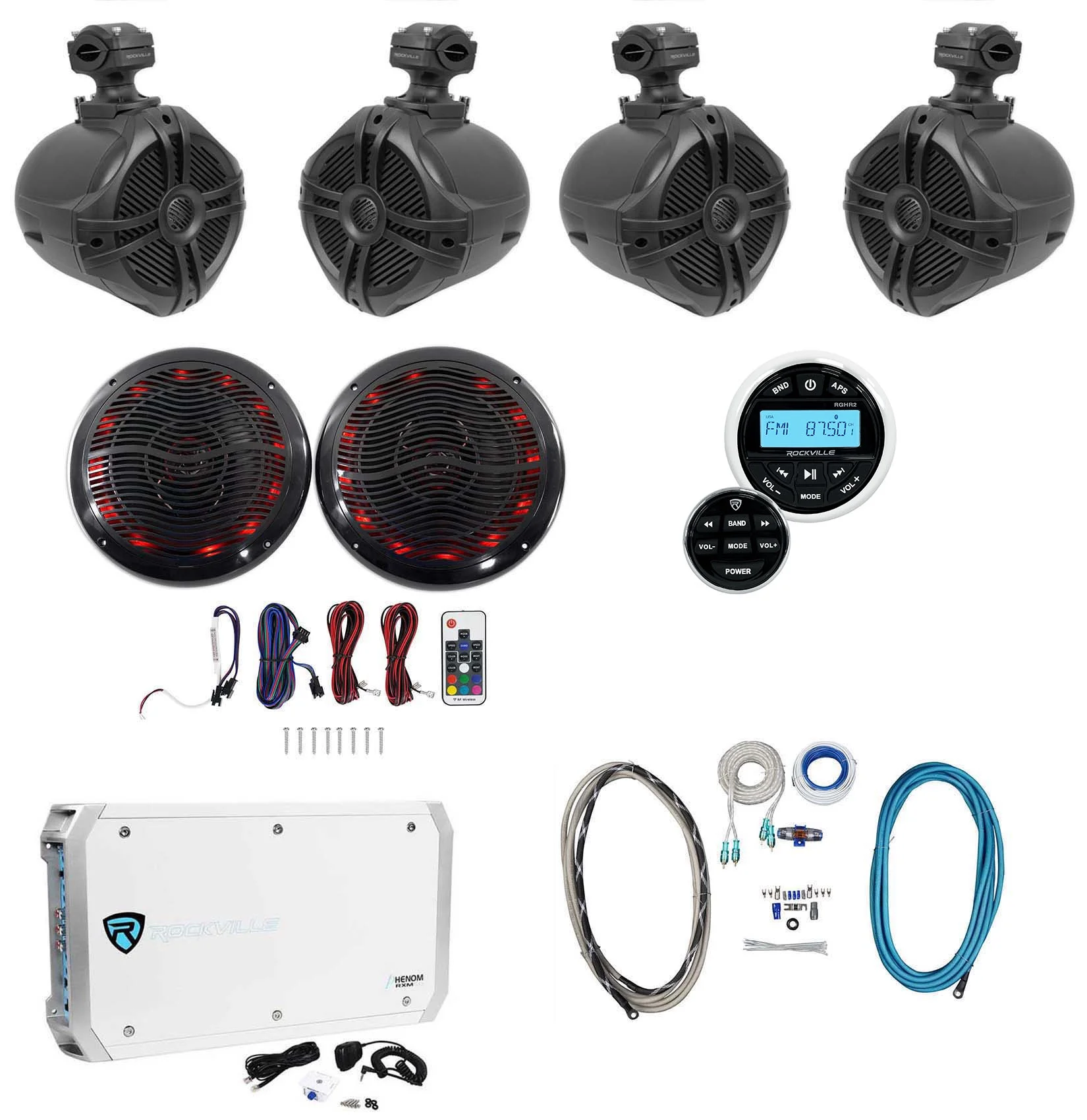 Rockville Marine Bluetooth Receiver+4) 6.5" Wakeboards+2) LED Speakers+6-Ch Amp