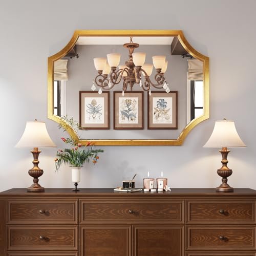Kelly Miller 30"x40" Large Gold Bathroom Mirror for Wall, Gold Scalloped Vanity Mirror Bevelled Framed Decorative Mirror for Master Bath Half Bath Entrance Hallway Bedroom Living Room Fireplace Mantle