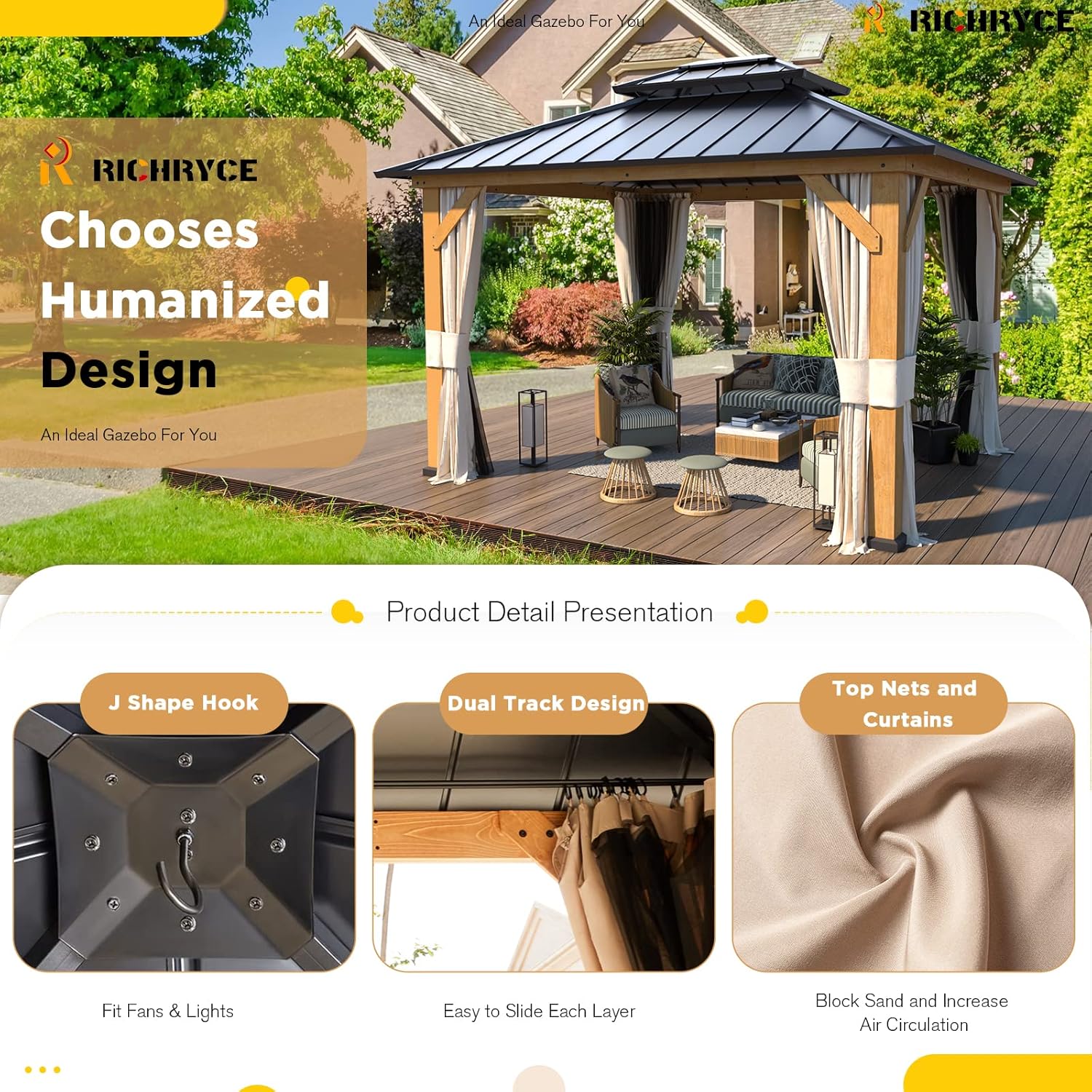 11' x 13' Solid Wood Gazebo, Hardtop Gazebo Plastic Sprayed Metal Roof Outdoor Gazebo Canopy Double Vented Roof Pergolas Wood Frame with Netting and Curtains for Garden, Patio, Lawns, Parties