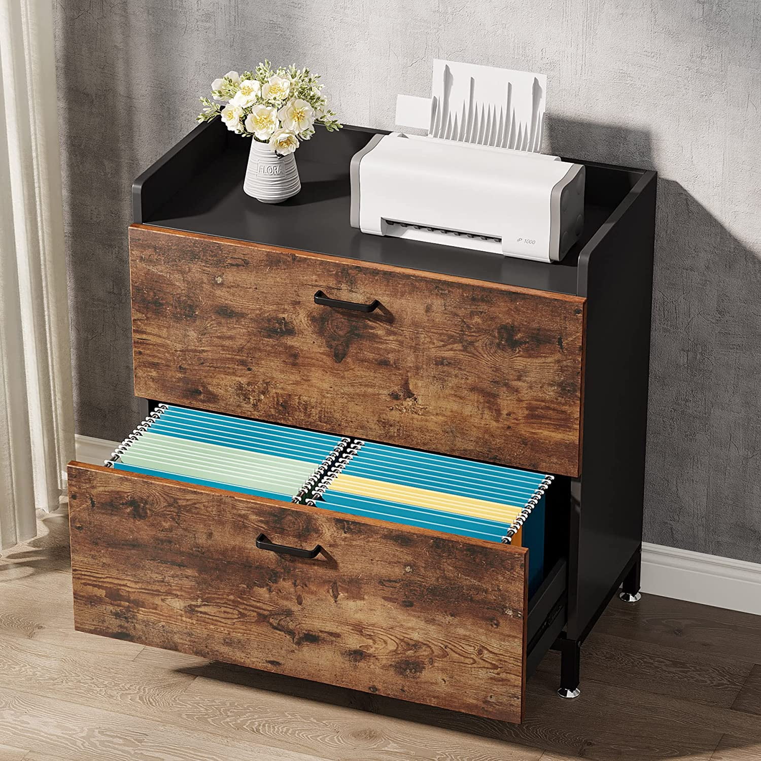 Tribesigns Lateral File Cabinets, Industrial Wood 2-Drawer Filing Cabinets for Hanging Files Letter/Legal/F4/A4 Size, Rustic Brown