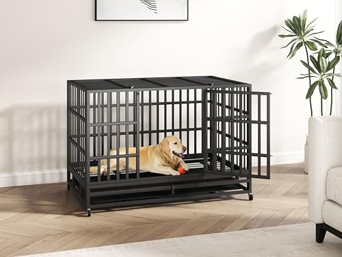 48/42 Inch Heavy Duty Indestructible Dog Crate Steel Escape Proof, Indoor Double Door High Anxiety Cage, Kennel with Wheels, Removable Tray, Extra Large XL XXL