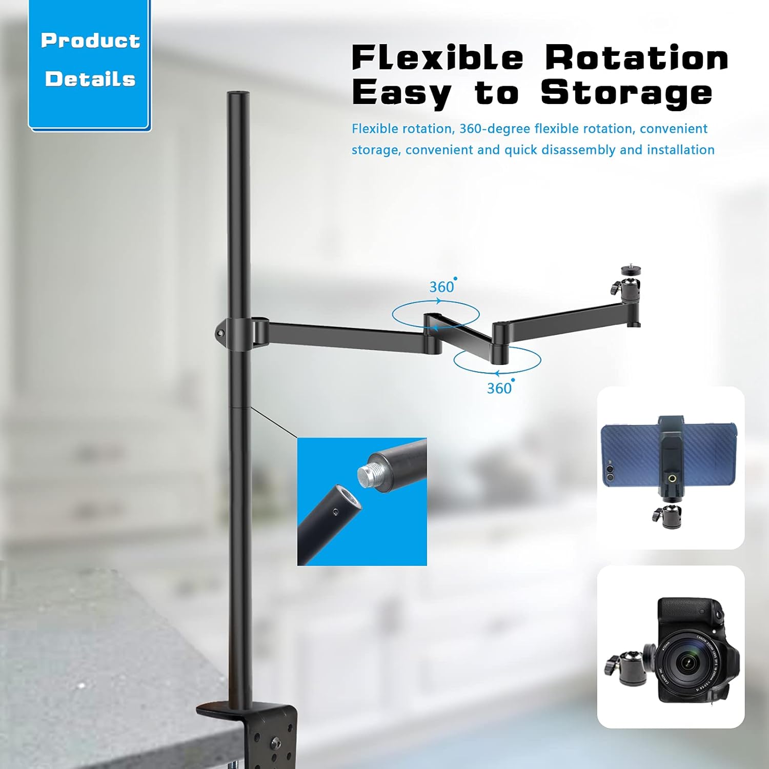 Heavy Desktop Overhead Camera Mount Rig Stand, Top Down DSLR Photography Holder with Flexible Arm and 360° Ball Head, Adjustable Height and Length for Ring Light/Video Camera/Webcam/Panel Light