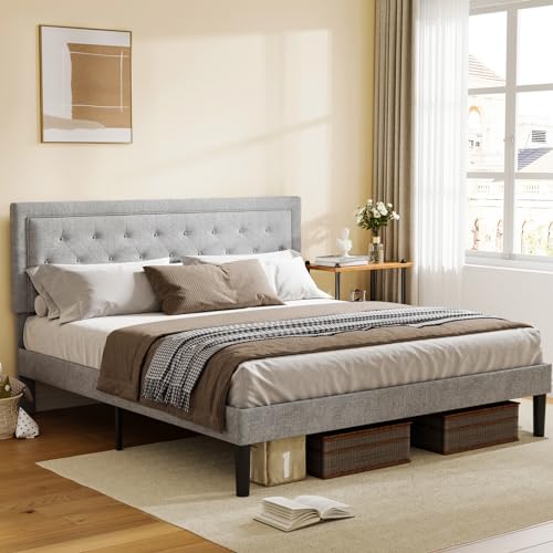 Queen Size Platform Bed Frame with Upholstered Headboard,Button Tufted Design Queen Bed Frame Light Grey,No Box Spring Needed,Noise Free,Easy Assembly