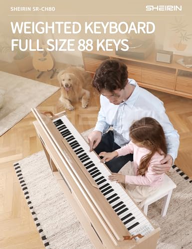 Digital Piano Hammer Action Keyboard 88 Keys Upright Acoustic Electric Weighted Piano Beginner MIDI Cover Full Size Sustain Pedal Stand Real Professional SR-FH80 (Beige Full Cover)