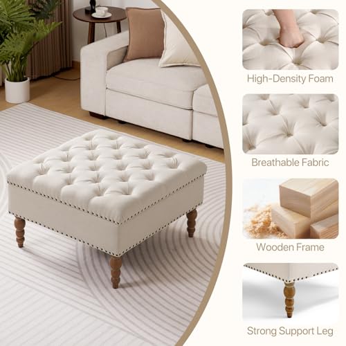 BEDHOURS Large Square Ottoman Coffee Table with Rivet Decoration, Hand-folded Roll Style Storage Ottoman with Solid Wood Shelf (Beige)