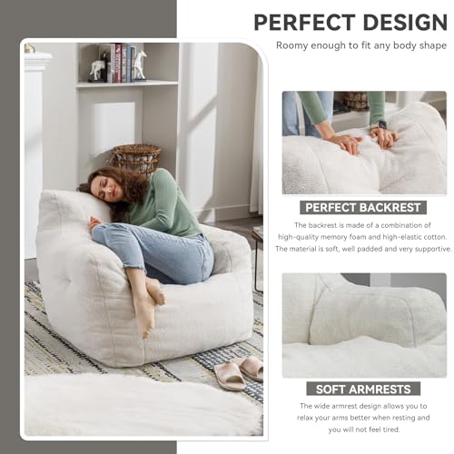 Bean Bag Chair for Adults, Giant Bean Bag Sofa Chair with Armrests, Teddy Plush Lazy Sofa Comfy Chair, Big Comfy Chair with Pocket, for Livingroom Bedroom Apartment (Ivory)