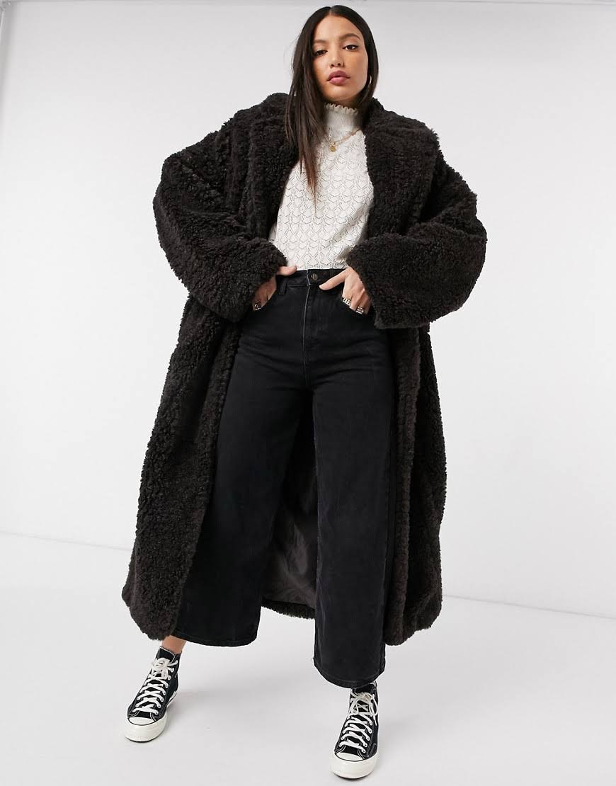 ASOS Design Tall Faux Fur Hero Longline Maxi Coat in Brown-Black