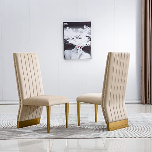 AZhome Dining chairs, Nailhead Trim Upholstered Dining Chairs, Green Velvet Channel Back Dining Chairs with Black-Titanium Mirror Stainless Steel Legs, Set of 2