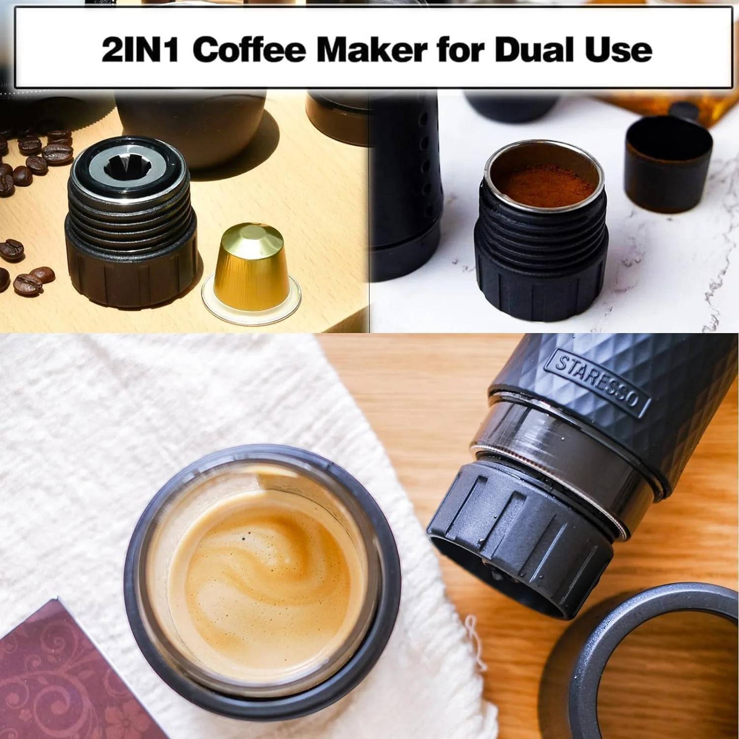STARESSO Portable Espresso Machine - Manual Espresso for Rich & Thick Crema Mini Espresso Maker Compatible with Nespresso Pods & Ground Coffee Small Hand Espresso Maker for Travel Camping Offi