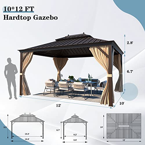 MELLCOM 12'x16' Hardtop Gazebo, Galvanized Steel Metal Double Roof Canopy with Curtains and Netting, Brown Permanent Pavilion Gazebos with Aluminum Frame for Garden, Patio, Lawns, Deck