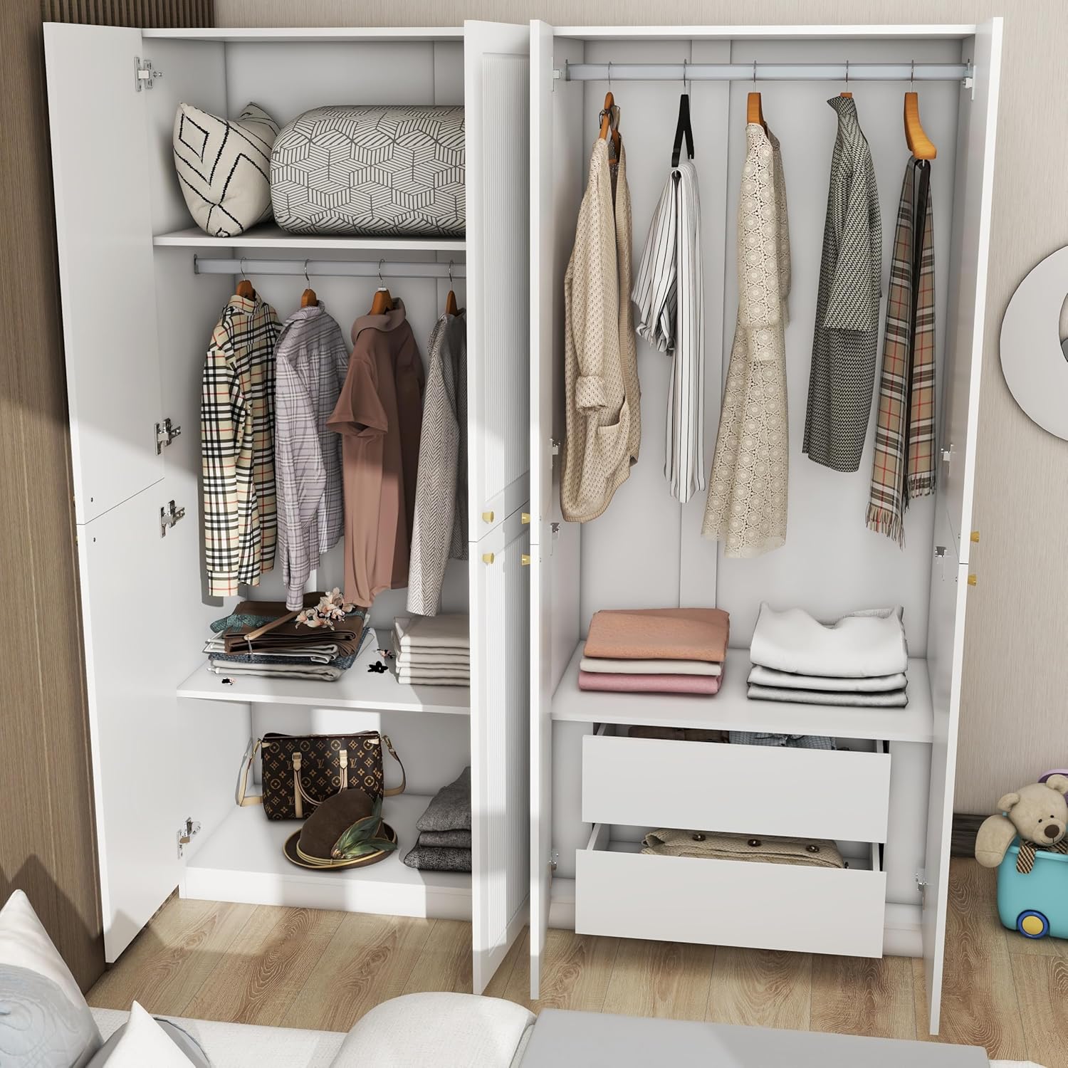4 Door European Modern Wardrobe, Wood White Armoires with 2 Storage Drawers, Bedroom Armoires Clothes Storage Cabinet with Clothing Rods and Shelves, Bedroom Furniture Wardrobe Armoires