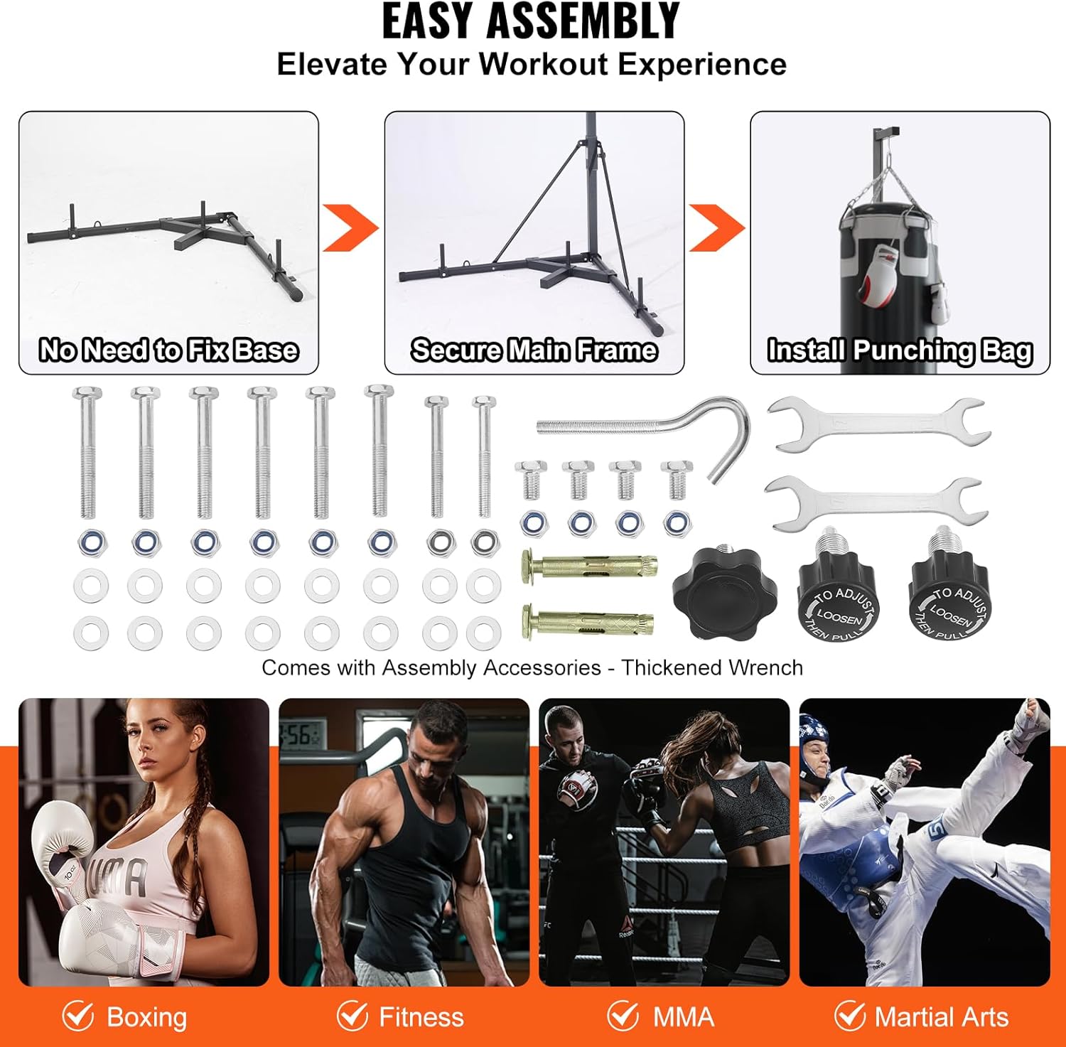 VEVOR Punching Bag Stand, Steel Heavy Duty Workout Training Equipment, Adjustable Height Boxing Punching Stand with Weighted Base, Holds Up to 400 lbs, Freestanding Sandbag Rack for Home Gym Fitness