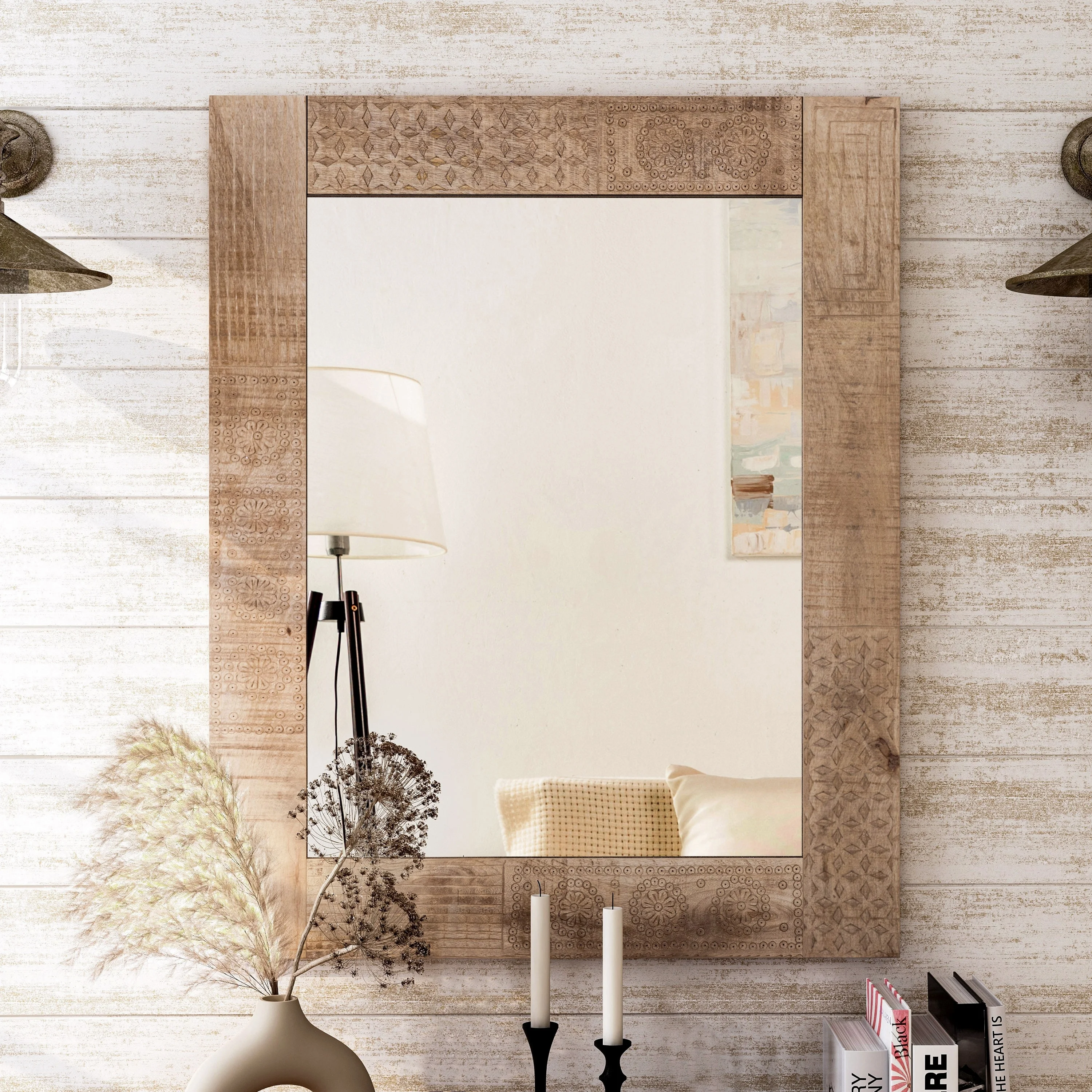 Furniture of America Carina Rustic Natural Solid Wood Wall Mirror by