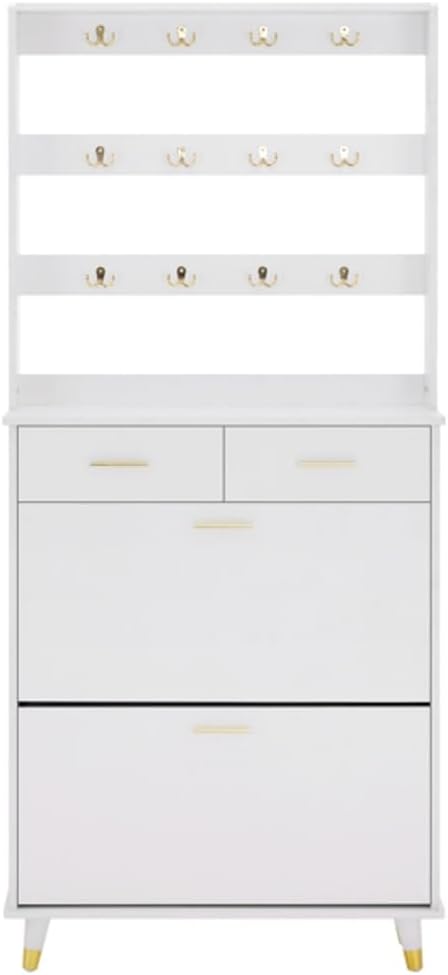 Hommoo Multi-Functional Entryway Armoire - Wardrobe Closet with Drawers, Shelves, and Shoe Storage, Elegant White Design