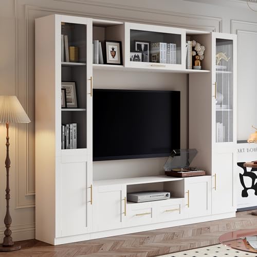 Entertainment Wall Unit, 4-Piece Large TV Stand Wall Unit Entertainment Center with Bookshelves & Storage, Wall Media Center with Shelves for TVs Up to 70", Media Console for Living Room, White