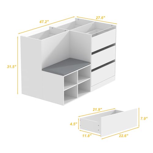 MOUMON Armoire Wardrobe Closet with Glass Tabletop & 9 Drawers, Glass Armoire Island with Cushion Bench & Shelves, Wardrobe Display Cabinet for Bedroom Cloakroom Store White, 27.6”D x 47.2”W x 31.5”H