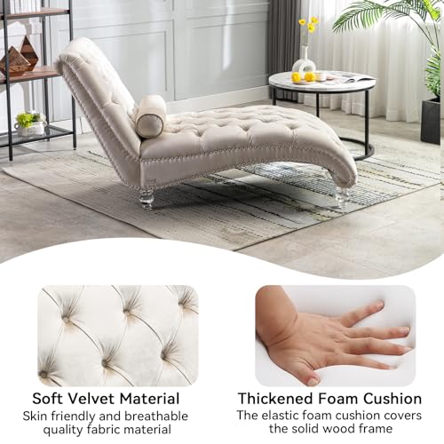 White Faux Fur Chaise Lounge Chair Indoor for Living Room Bedroom, Armless Upholstered Lounge Chair with Clear Legs & Rivet Decor, Indoor Sleeper Chair Curved Cushion Fabric Chairs
