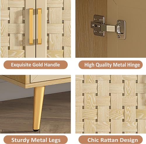 4 Door Rattan Storage Cabinet,Buffet Cabinet with Storage,Characteristic Cabinet w/Metal Legs and Handles,Cupboard Console Table,Sideboard Cabinet for Hallway,Entry, Living Room (Natural)