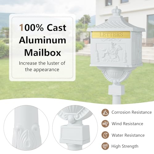 Giantex Cast Aluminum Mailbox with Post - Locking Residential Mailboxes for Outside with Keys, Baffle Door, Expansion Bolts, Address Panel, In-Ground Rust-proof Large Security Postal Mailbox (Black)