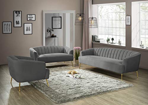 Meridian Furniture Tori Collection Modern | Contemporary Velvet Upholstered Sofa with Deep Channel Tufting and Ball Designed Custom Gold Legs, 84.50" W x 31.5" D x 29.75" H, Grey