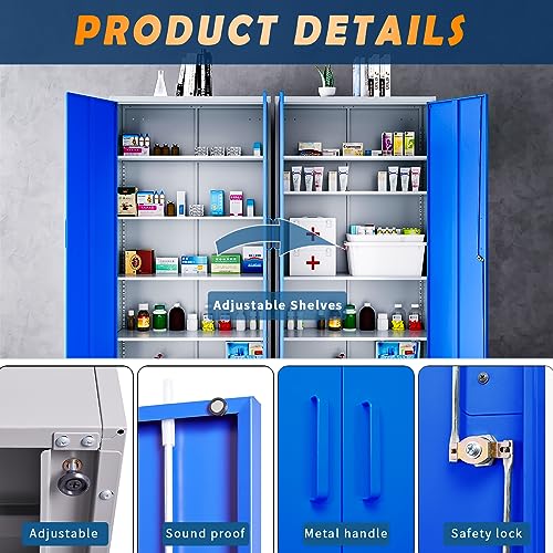 Yizosh Metal Garage Storage Cabinet with 2 Doors and 5 Adjustable Shelves - 71" Steel Lockable File Cabinet,Locking Tool Cabinets for Office,Home,Garage,Gym,School (Gray White)