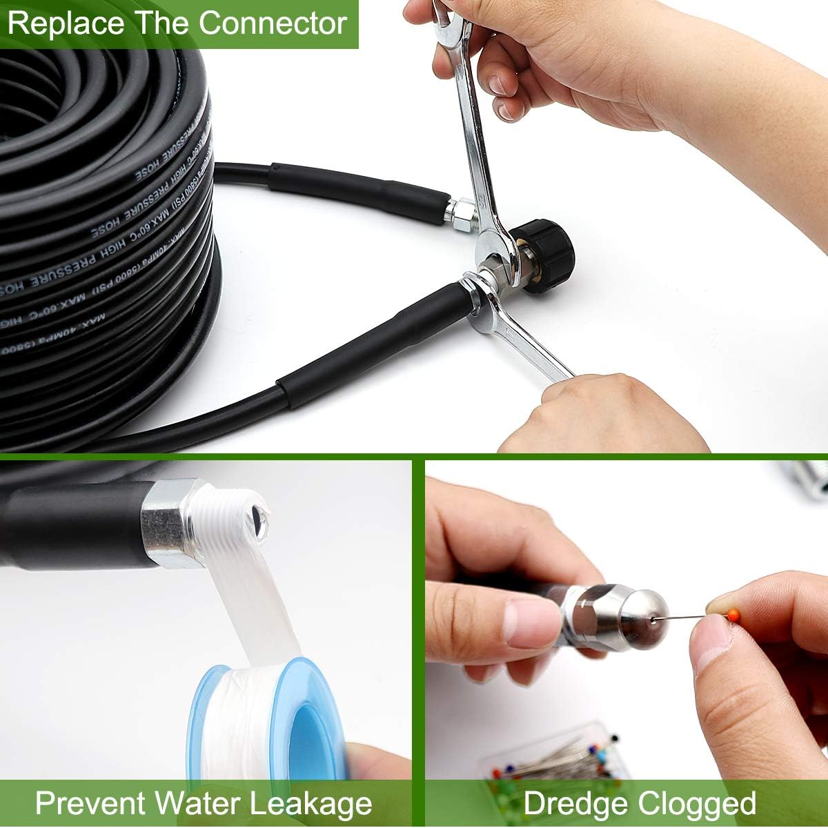 Sewer Jetter Kit 100FT for Pressure Washer, 5800PSI Drain Cleaner Hose 1/4 Inch NPT, Corner, Rotating and Button Nose Sewer Jetting Nozzle Spanner Waterproof Tape Pearl Corsage Pin Pack of 2